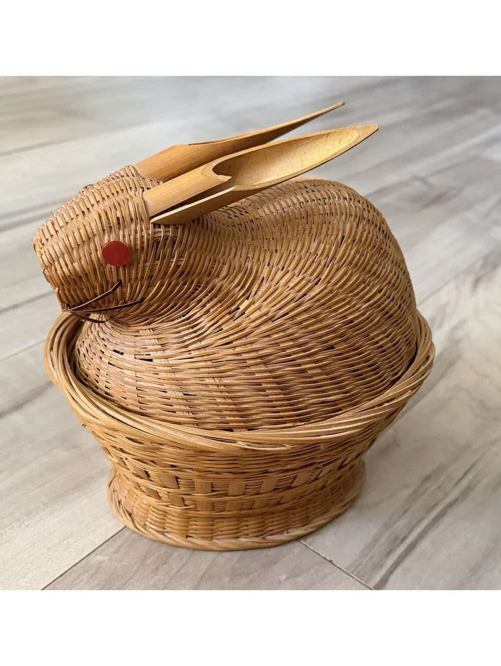 Vintage Woven Rabbit Basket with Red Button Eyes Farmhouse Decor Cottagecore